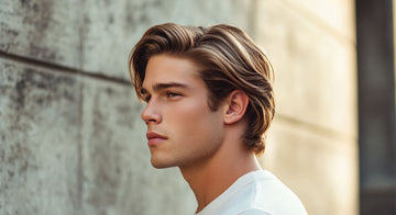 A young man with chiseled features confidently showcases a medium length hairstyle for men with smooth, voluminous waves that frame his face. 