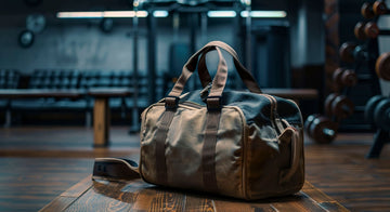 A rugged gym bag sits on a wooden bench in a dimly lit gym, surrounded by workout equipment. This bag, packed with men's grooming products, represents the essentials needed for a complete post-workout routine. 