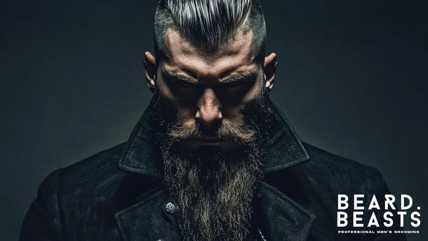 A man with a styled undercut and groomed beard, wearing a dark overcoat. 'Beard Beasts: Professional Men's Grooming' highlights best beard styles.