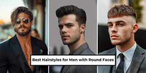 A collage featuring three stylish men showcasing different hairstyles for men with round faces. 