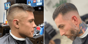 Side-by-side of two high fade haircuts: Left shows a high and tight with very short hair on top. Right shows a slick back with longer hair on top, a beard, and a neck tattoo.