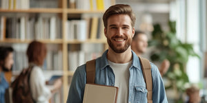 Smiling man standing confidently with a notebook and backpack in front of a bookshelf, representing how to improve yourself as a man through personal growth, continuous learning, and self-improvement.