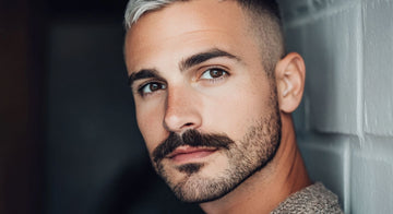 A handsome man with neatly styled silver hair and a well-groomed Chevron mustache gazes confidently at the camera. 