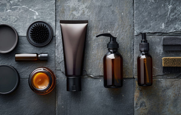 Overhead shot of sleek men's grooming products on a stone surface, featuring a tube, jar, pump bottles, vial, and facial brush in stylish dark packaging.