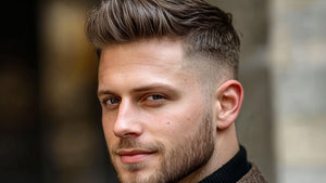 Close-up of a stylish man showcasing a modern textured quiff hairstyle.