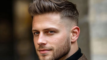 Close-up of a stylish man showcasing a modern textured quiff hairstyle.