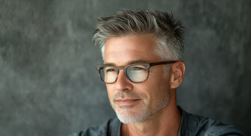 A stylish older man with salt-and-pepper hair, showcasing a short, sophisticated hairstyle for older men, complemented by modern glasses. 