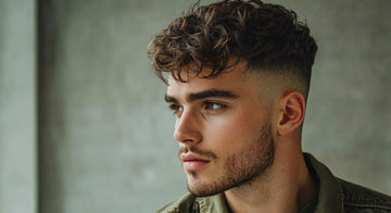 Side profile of a young man with a stylish, curly top and a clean fade on the sides, showcasing a popular Men's Short On Sides Long On Top Haircut. 