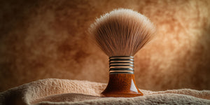 Luxurious badger shaving brush with a wooden handle and soft bristles, set on a towel against a warm backdrop. Ideal for mastering how to use a shaving brush for a classic shaving experience.