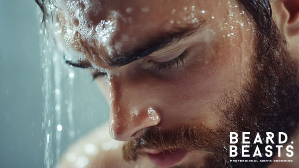 Close-up of a man washing his beard under running water, with soap suds covering his face and beard. 