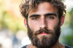 This image shows a close-up of a young man with a notably thick and coarse beard. 