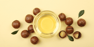 Overhead view of a bowl of golden argan oil surrounded by whole and cracked argan nuts on a light yellow background, highlighting the natural source, purity, and benefits of argan oil for beard care and grooming.