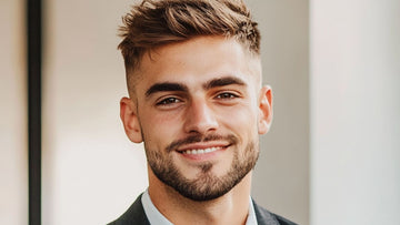 A young, bearded man is smiling confidently, sporting a messy crew cut fade. The top is short and textured, while the sides are cleanly faded, creating a sharp and modern look. 