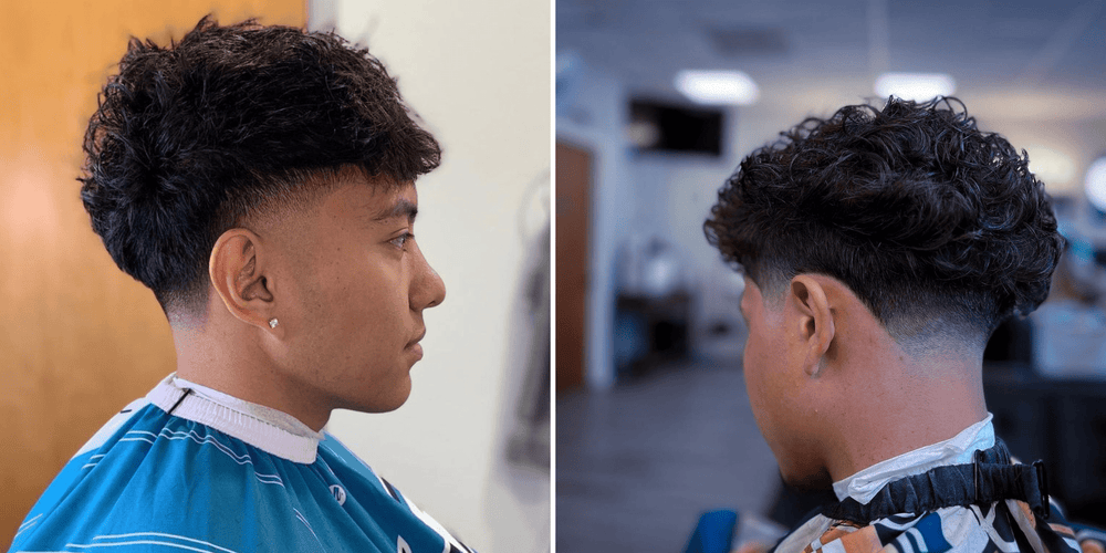 A side-by-side comparison of low taper vs mid taper haircuts. The left shows a mid taper with a fade starting midway up the head. The right features a low taper with a fade starting just above the ears.