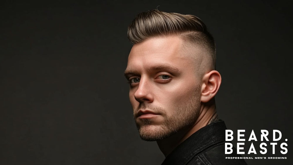 Portrait of a man showcasing a sharp skin fade hairstyle with a sleek, well-groomed top, embodying a modern and stylish look. 