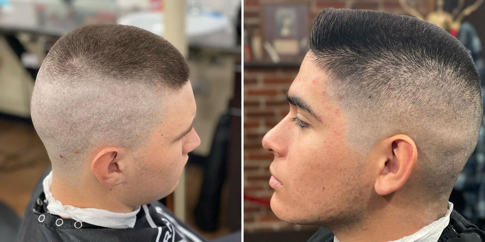 The image features two men showcasing different styles of high and tight haircuts.