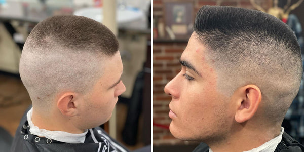 This image showcases two distinct variations of the high and tight haircut.