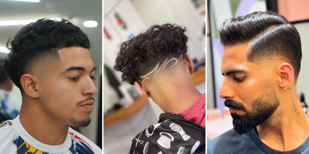 Three men showcasing different high taper haircuts: the first with a textured high taper, the second with a high taper and intricate design, and the third with a high taper side part. 