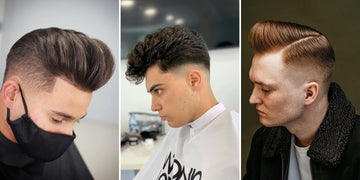 Three men showcase different styles of pompadour haircuts in this image. Each style highlights the versatility and sophistication of the pompadour hairstyle.