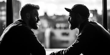 The black-and-white image shows two bearded men in a serious man to man conversation, capturing the essence of man to man quotes by highlighting trust and meaningful dialogue.