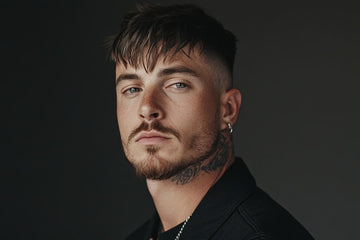 Stylish man with an undercut with a textured fringe haircut, featuring sharply faded sides and a tousled fringe styled forward for a modern, edgy look.