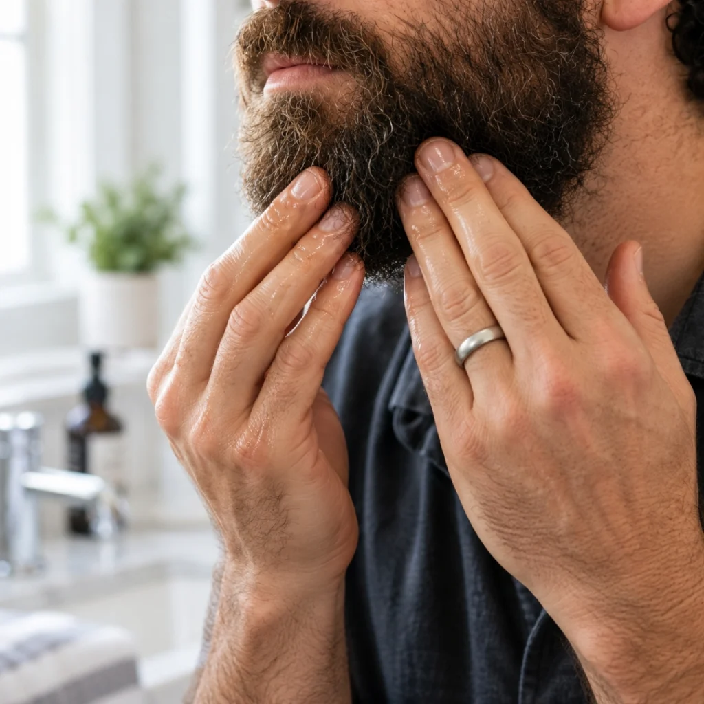 Close-up of hands applying beard oil into a coarse beard