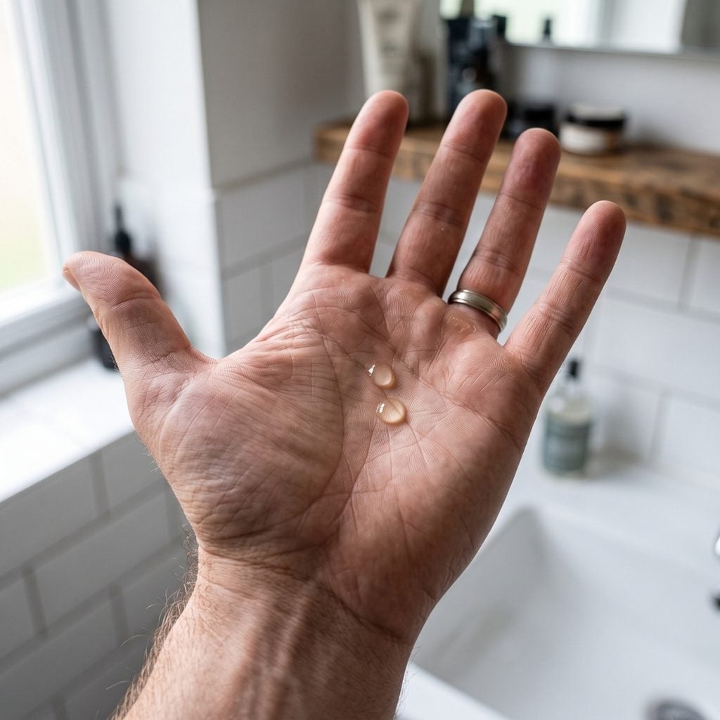 Two small drops of beard oil in a man's palm before applying to the beard