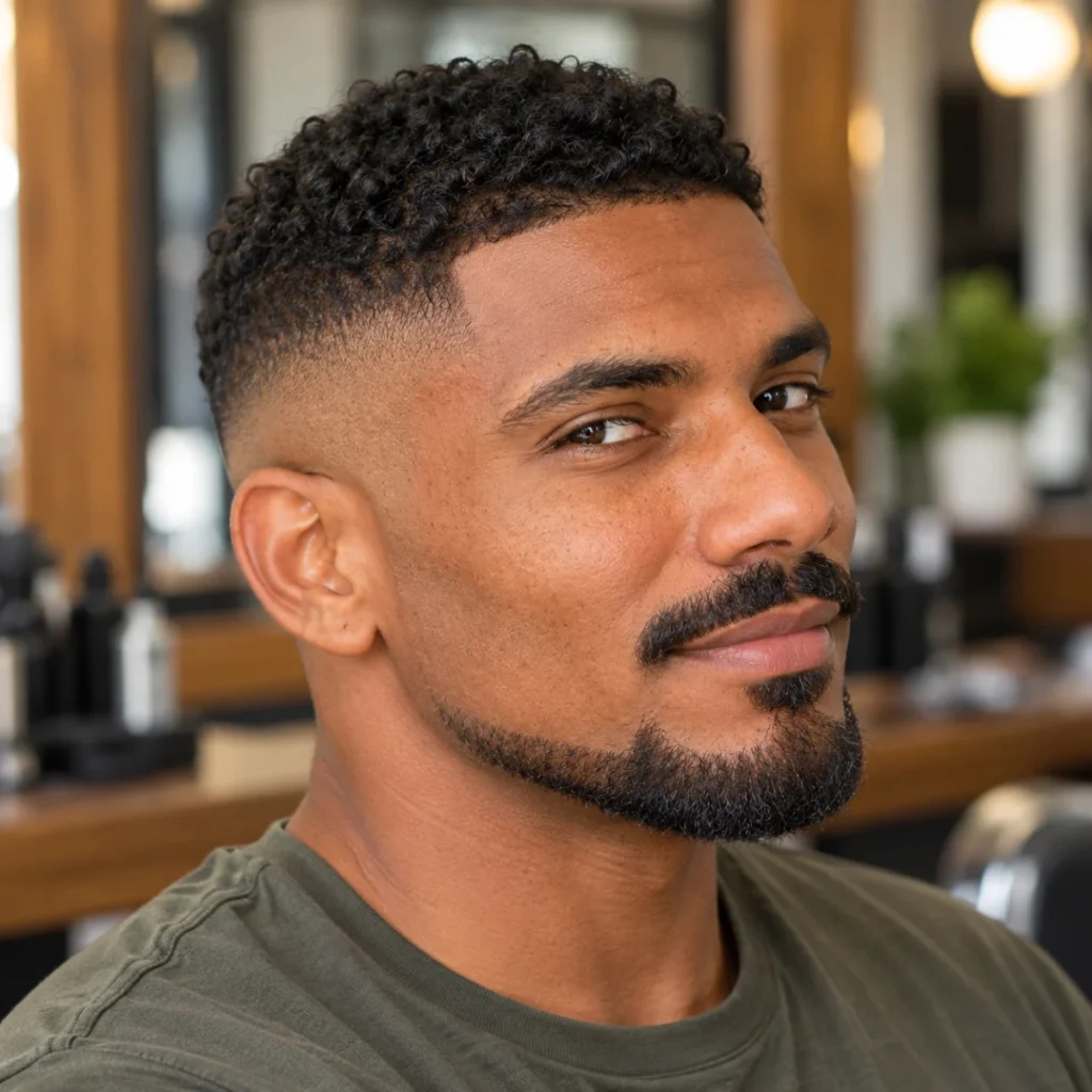 Man with a Balbo beard style featuring a disconnected mustache, defined chin beard, and shaved cheeks.