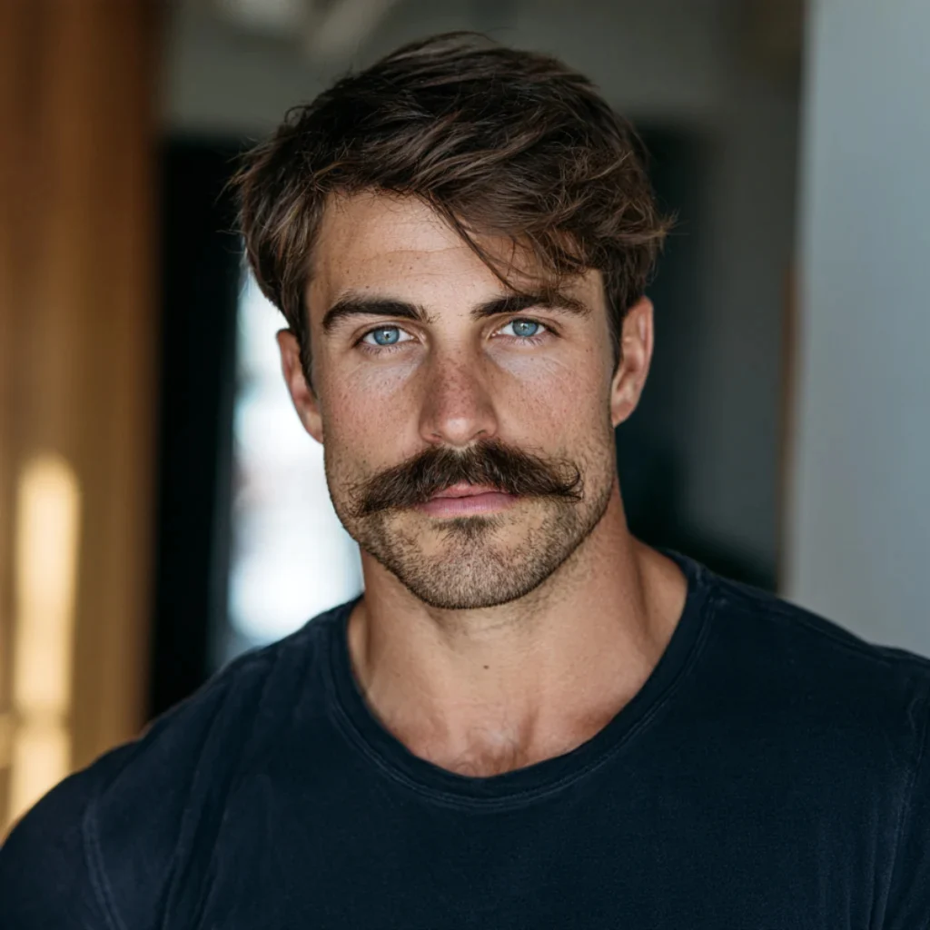 Man with a beardstache featuring a thick mustache, short stubble, and textured brown hair.