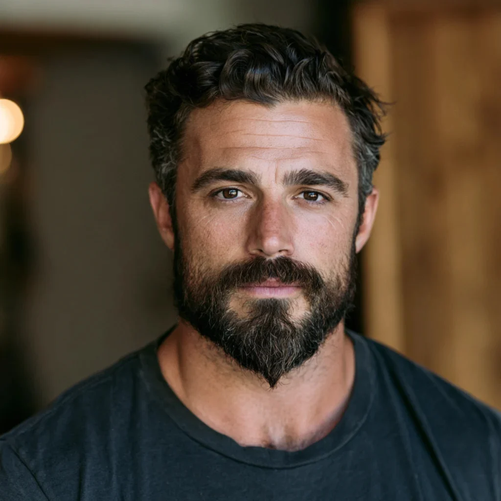 Man with a ducktail beard style featuring a full, thick beard tapered into a pointed chin.