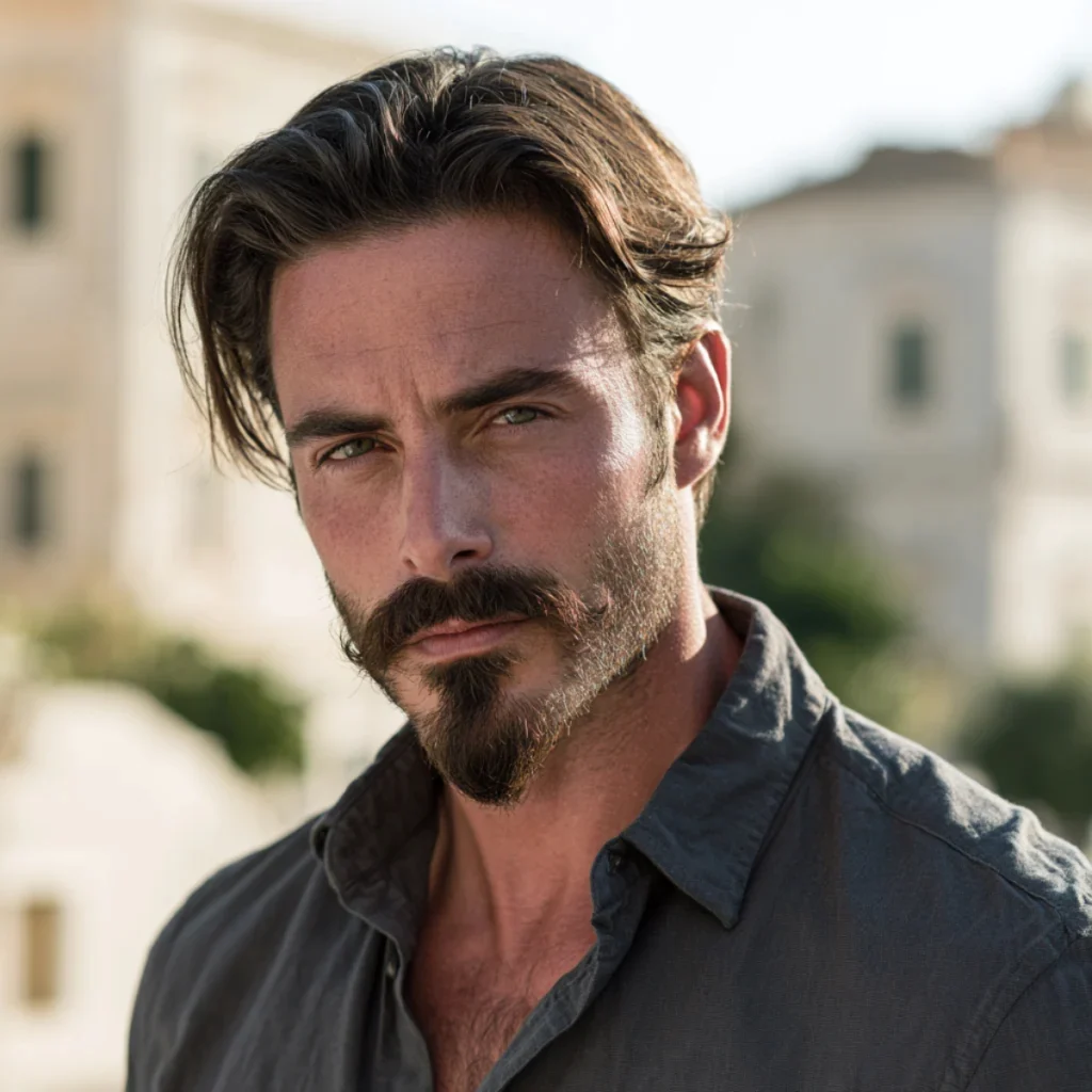 Man with a Van Dyke beard style featuring a thick mustache, pointed chin beard, and short swept-back hair.