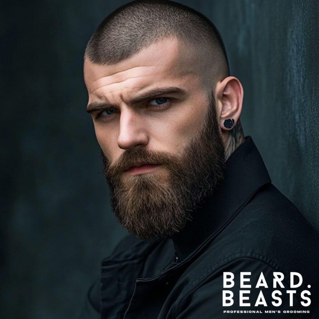 A striking portrait of a man with a clean buzz cut and a perfectly groomed classic full beard. His intense gaze and sharp features highlight one of the best beard styles for 2025, combining rugged masculinity with modern grooming. The rich texture of his beard contrasts with his smooth buzz cut, exemplifying a bold and timeless look. The Beard Beasts logo in the corner reinforces professional men's grooming excellence. Perfect inspiration for those seeking a strong and confident beard style.