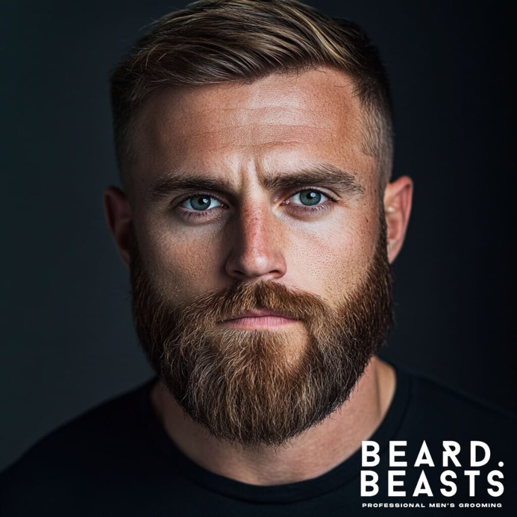 A striking portrait of a man showcasing one of the best beard styles for 2025: the Classic Medium Beard. His beard is approximately 1-2 inches in length, meticulously groomed to frame his strong jawline while maintaining a polished, masculine appearance. The style is complemented by a short comb-over hairstyle with a subtle fade, creating a harmonious and modern look. The rich texture and healthy appearance of the beard highlight its timeless appeal, blending ruggedness with sophistication. This image embodies confidence and style, making the Classic Medium Beard a top choice for men seeking versatile grooming trends.
