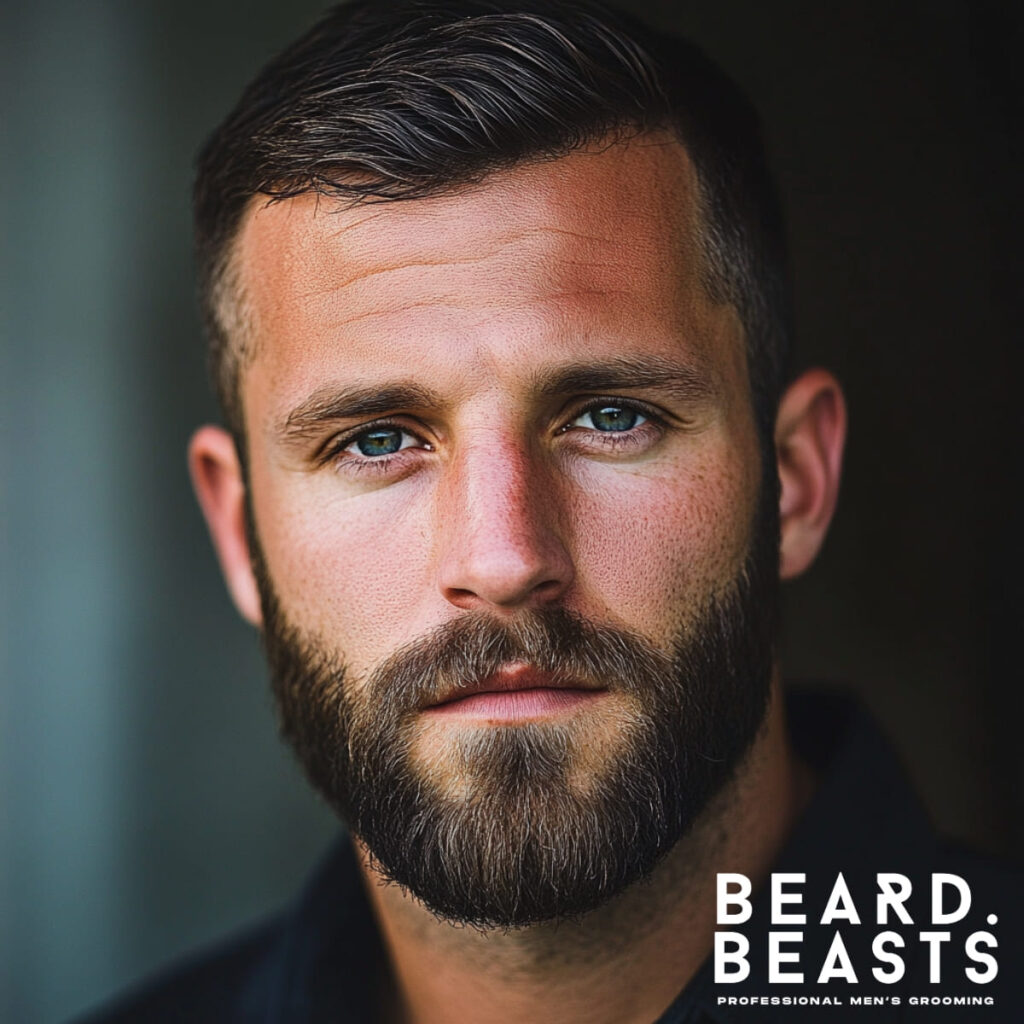 A professional portrait of a man showcasing one of the best beard styles of 2025: the Corporate Beard. The beard is short, neatly groomed, and accentuates his jawline, perfectly complementing his clean-cut hairstyle with a subtle comb-over. His piercing blue eyes and confident expression enhance the polished and professional aesthetic. This style is ideal for modern professionals seeking a balance between style and workplace-appropriate grooming. The overall look exemplifies sophistication