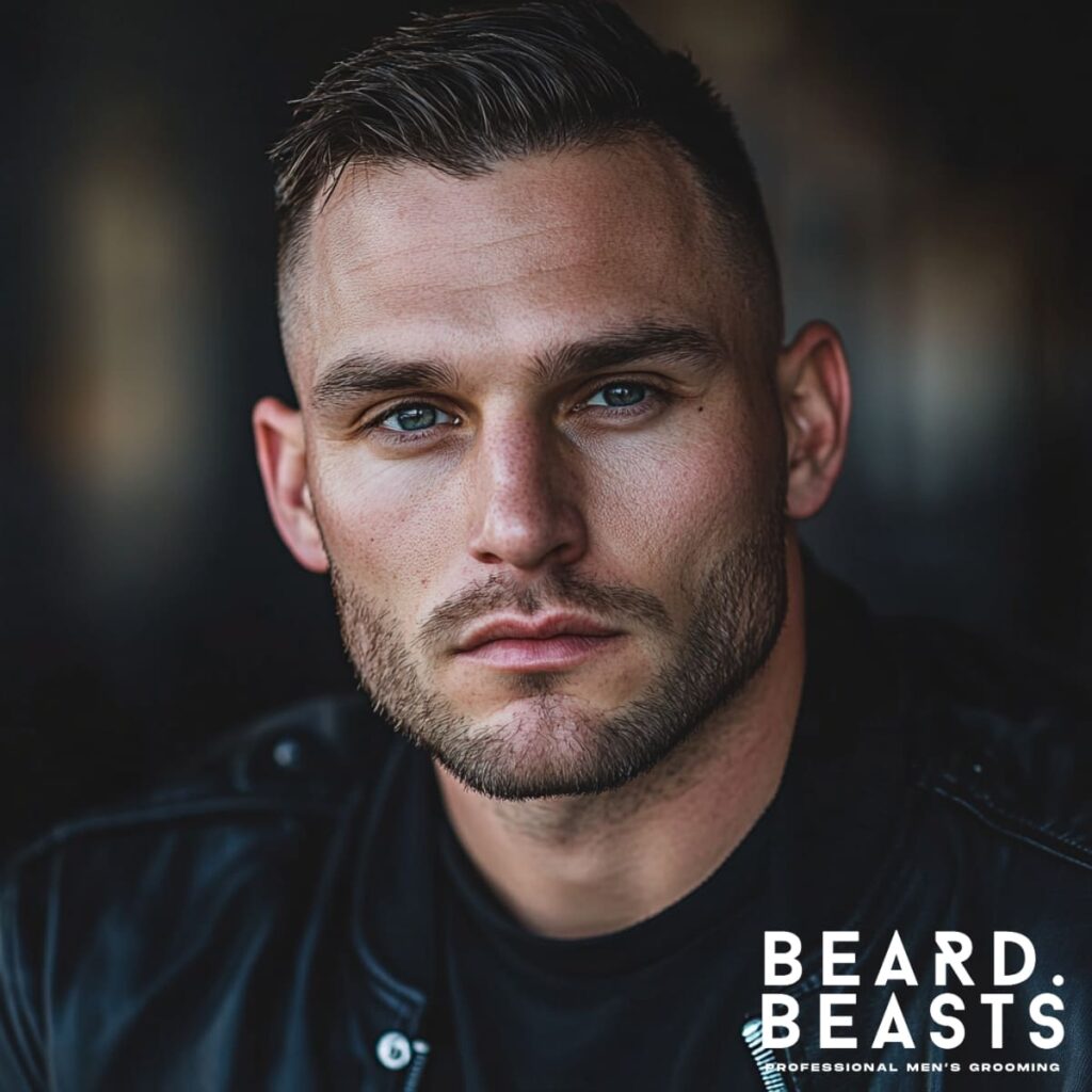 A stylish portrait of a man with a sharp short comb-over haircut and a neatly groomed stubble beard. This look represents one of the best beard styles for 2025, blending sophistication with casual charm. The stubble beard complements his structured hairstyle, creating a versatile style perfect for both professional and casual settings. The Beard Beasts logo in the corner emphasizes professional men's grooming and premium style inspiration. A go-to look for men seeking effortless style and confidence.