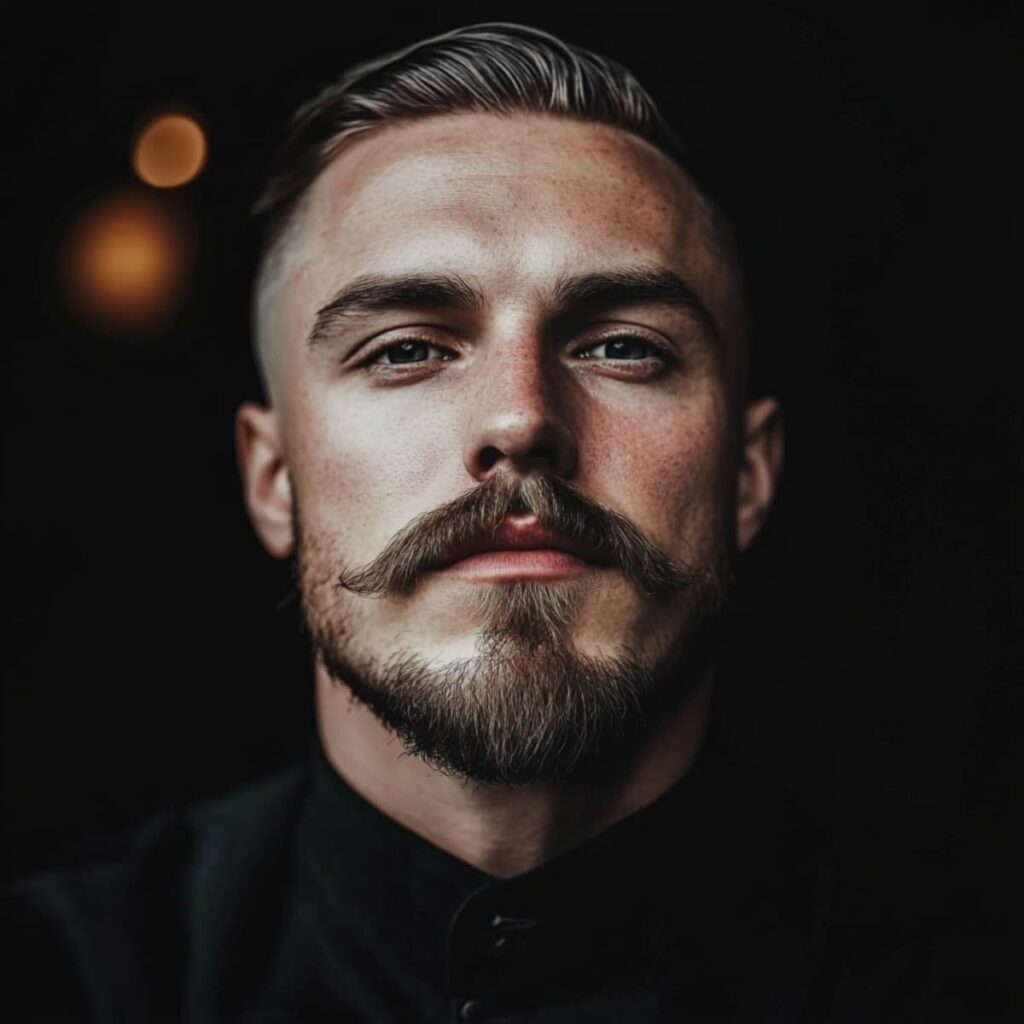 A striking portrait of a man showcasing one of the best beard styles: the Van Dyke Beard. The beard features a sharp, pointed goatee extending below the chin, paired with a disconnected mustache styled with elegantly curled ends. The clean-shaven cheeks highlight the sharp contrast of the goatee and mustache, adding sophistication and precision to the look. His sleek, side-parted hairstyle complements the boldness of the beard, creating a refined and confident appearance. The dark background enhances the focus on the facial features, making this a perfect representation of the classic and timeless Van Dyke Beard.