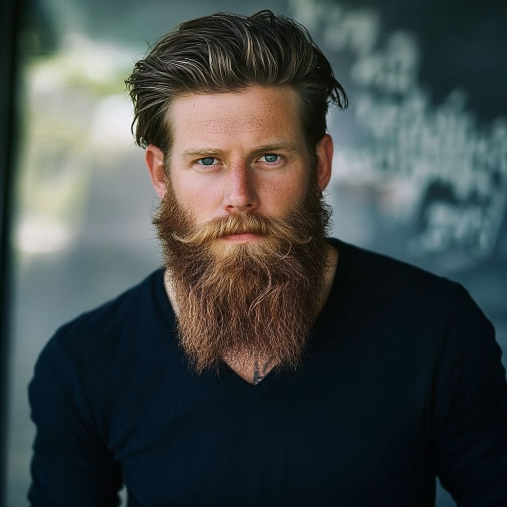 A striking image of a man with a full and natural facial hairstyle, showcasing one of the classic beard styles, the Bandholz. The facial hair is long, thick, and untamed, extending well below the jawline with a rugged yet balanced appearance. The mustache is seamlessly integrated into the overall look, styled with a slight curl for added flair. His hairstyle is voluminous and swept back, complementing the boldness of the facial hair. Dressed in a simple black shirt, the man exudes confidence and charisma, with a blurred outdoor background that emphasizes the texture and fullness of his facial style. Perfectly embodying the essence of classic beard styles, this look captures a sense of rugged masculinity and natural elegance.