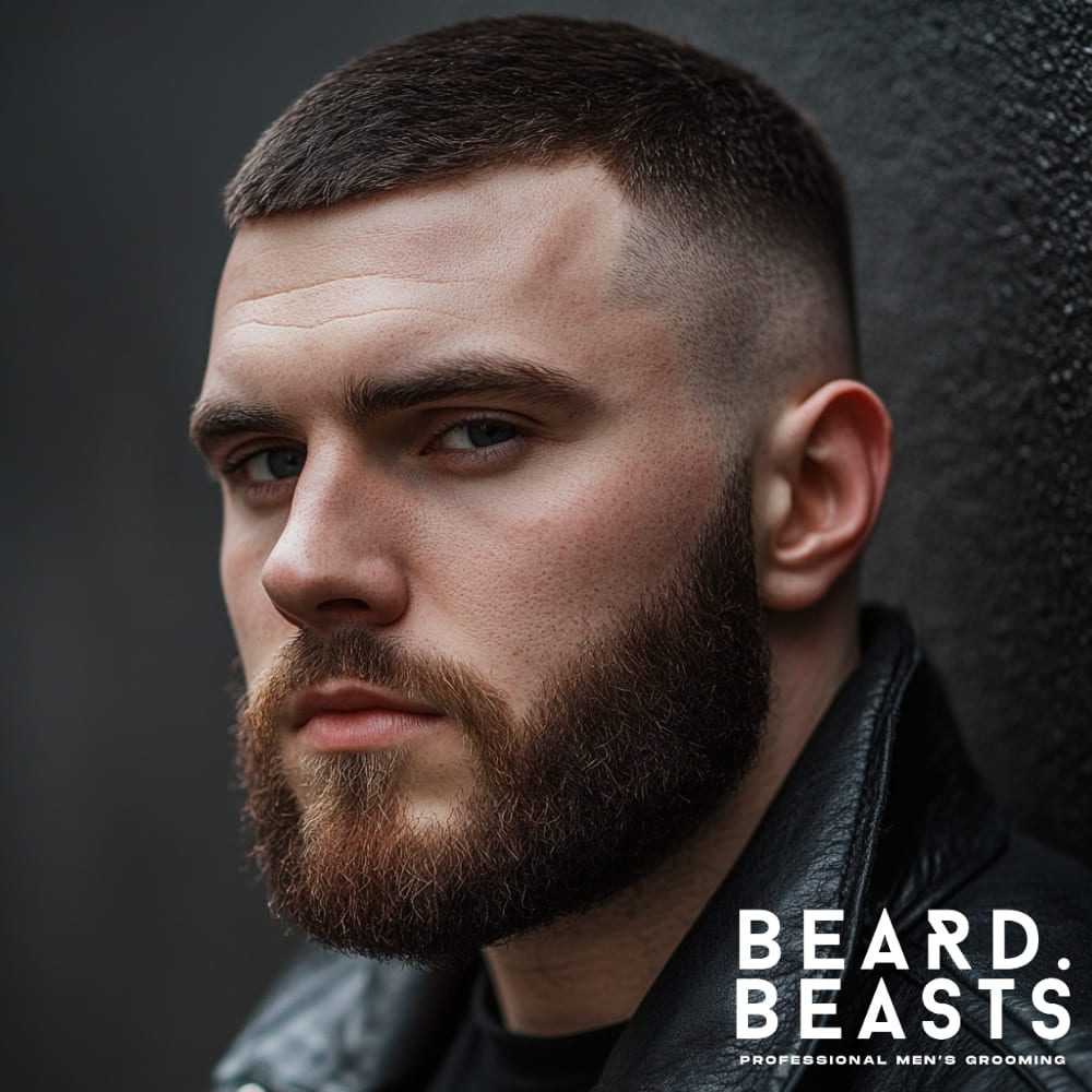 A captivating image of a confident man sporting a neatly groomed short beard, a classic example of timeless beard styles. The beard is well-defined, following the contours of his strong jawline and complementing his sharp facial features. His clean-cut buzzed hairstyle and black leather jacket add a modern, edgy vibe to his look, exuding masculinity and sophistication. The subdued, urban background emphasizes the subject’s striking appearance, while the "Beard Beasts" logo in the bottom corner ties the image to professional men's grooming. Perfect for showcasing versatile and timeless beard styles for men.