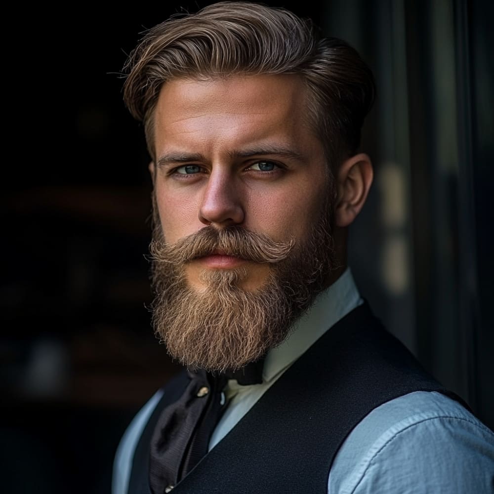 Man with a Verdi beard featuring a styled mustache, wearing a striped dress shirt, looking thoughtfully into the distance. Showcasing one of the popular beard styles for men, this look blends classic elegance with modern grooming.