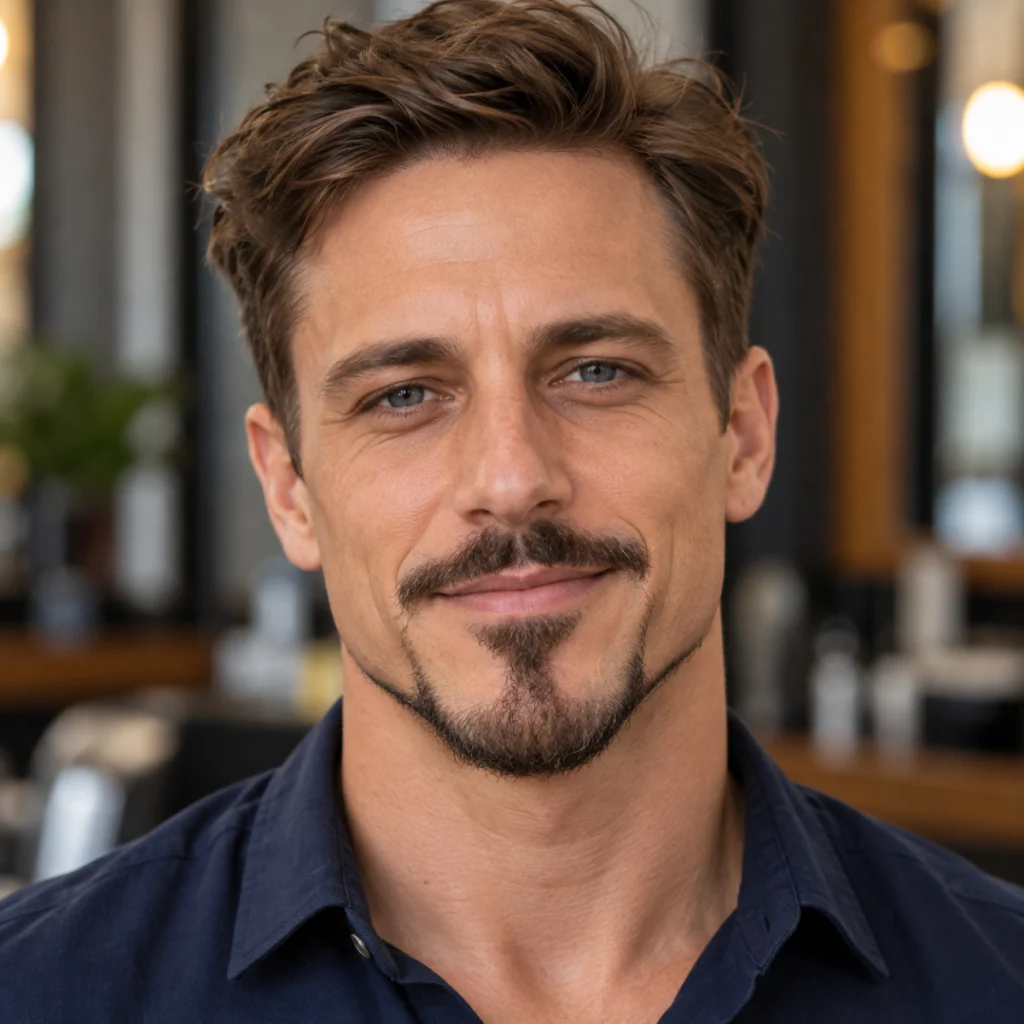 Man with an anchor beard style featuring a separate mustache, pointed chin beard, and thin jawline facial hair.