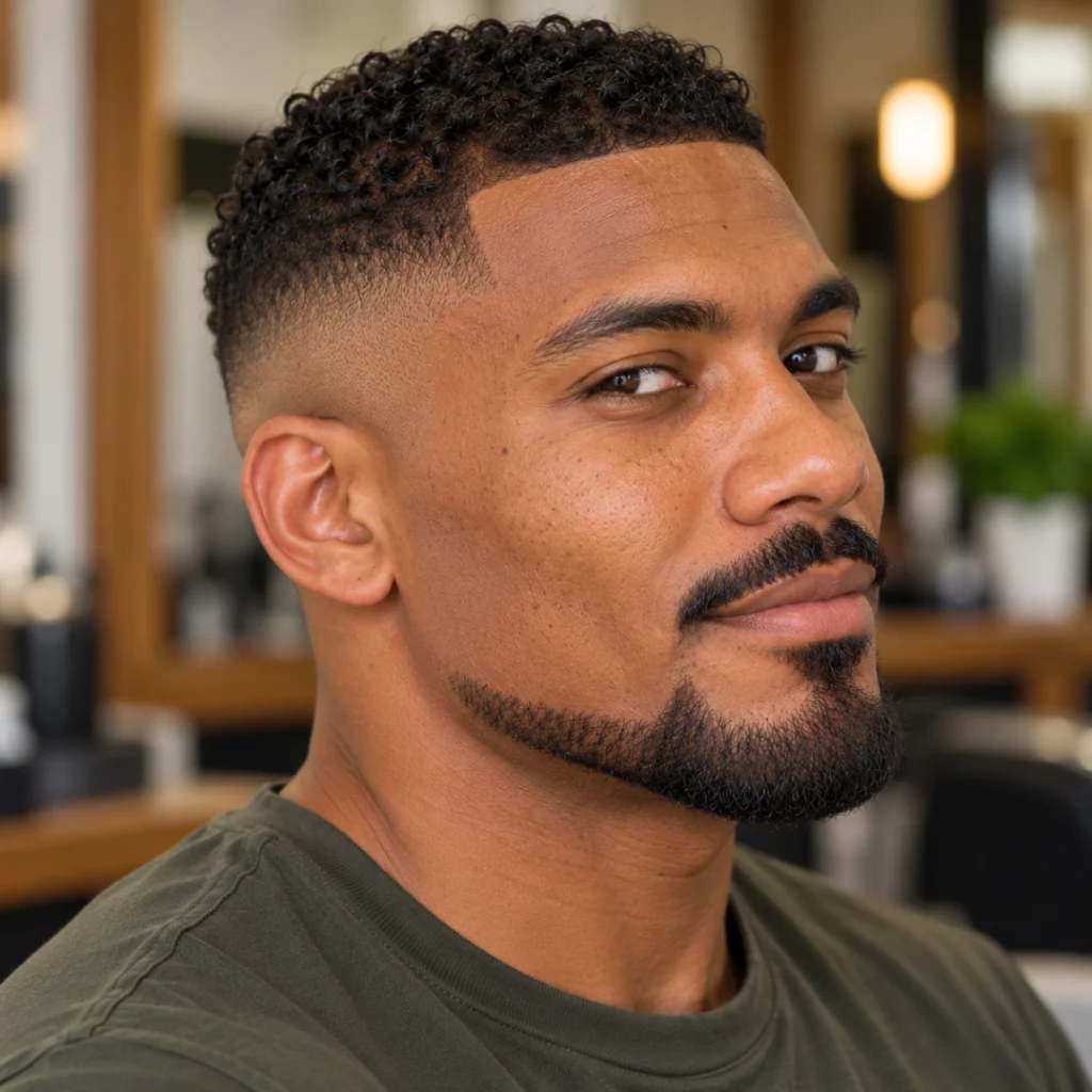 Man with a Balbo beard style featuring a disconnected mustache, clean-shaven cheeks, and a short, shaped chin beard.