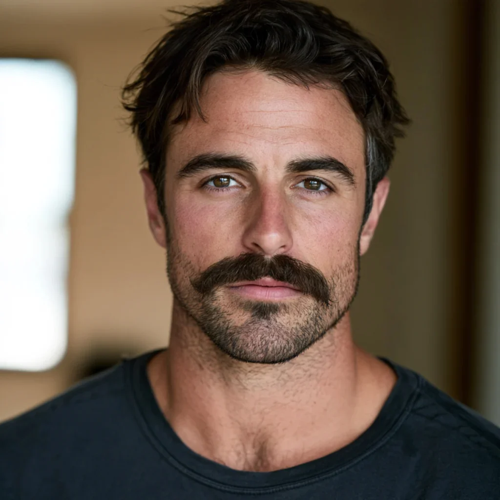 Man with a beardstache featuring a thick mustache, light stubble, and short textured hair.