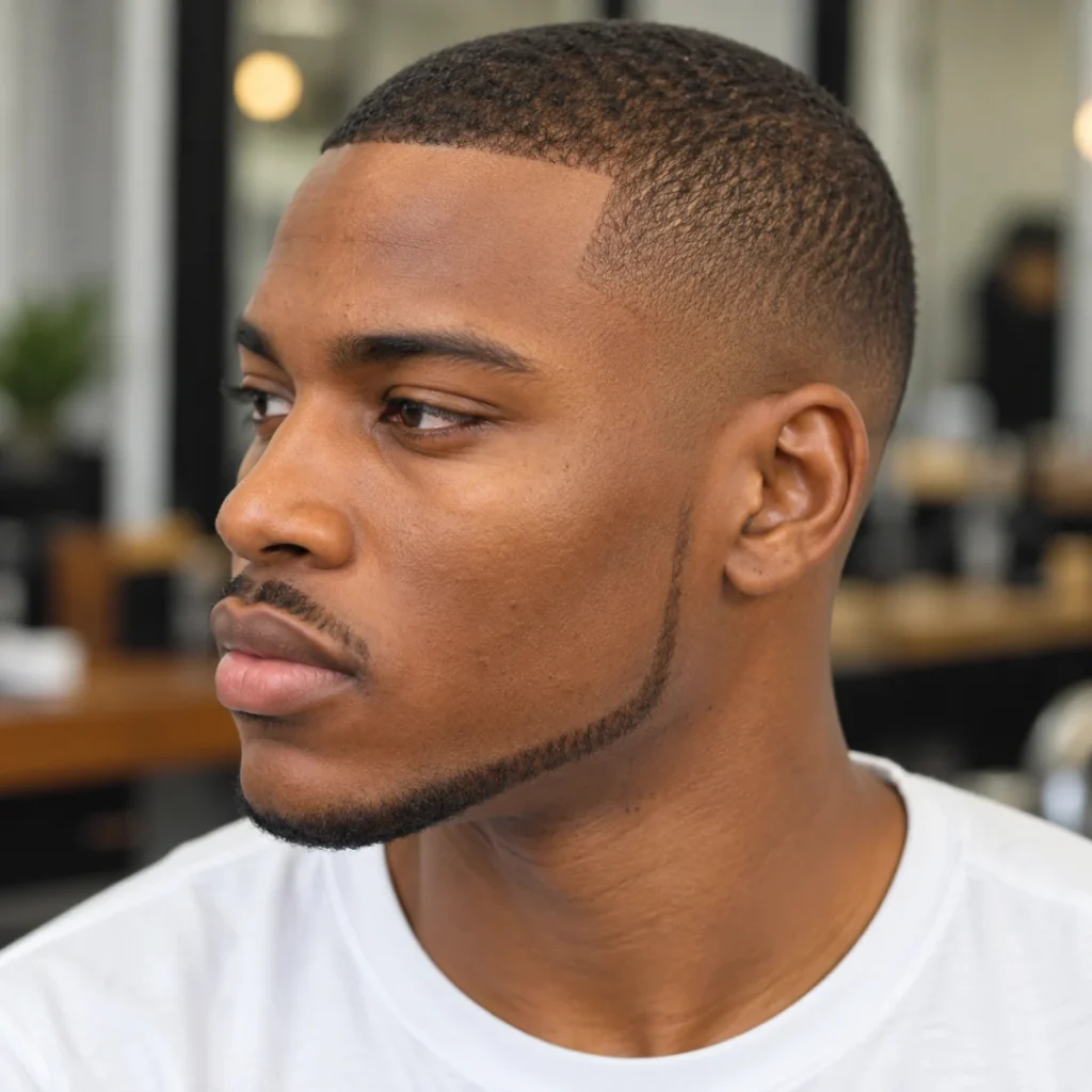 Man with a chin strap beard and thin mustache, featuring a defined jawline and short buzz cut.