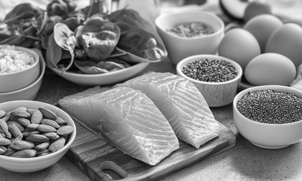 A variety of healthy foods including salmon, eggs, nuts, spinach, and seeds—key nutrients for supporting beard growth