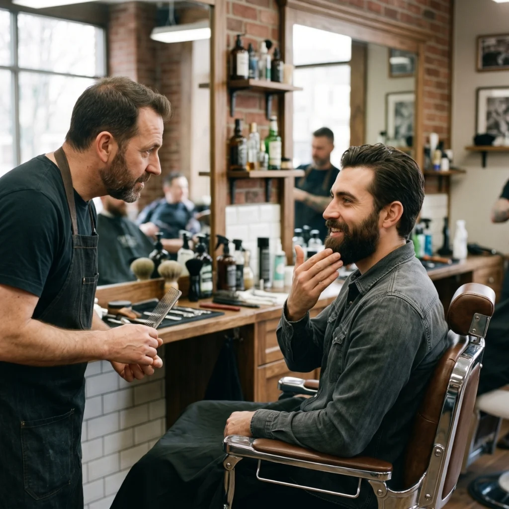Bearded man discussing his beard shape with a barber before a trim
