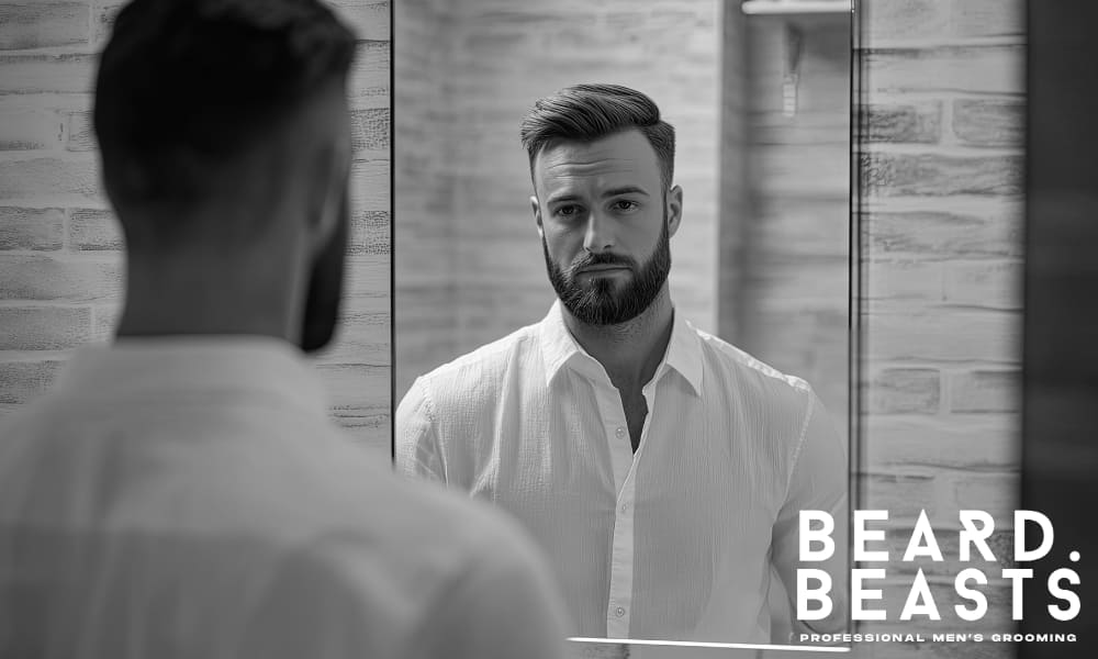 Bearded man in white shirt looking at himself in the mirror—reflecting pride, grooming discipline, and confidence in personal standards.