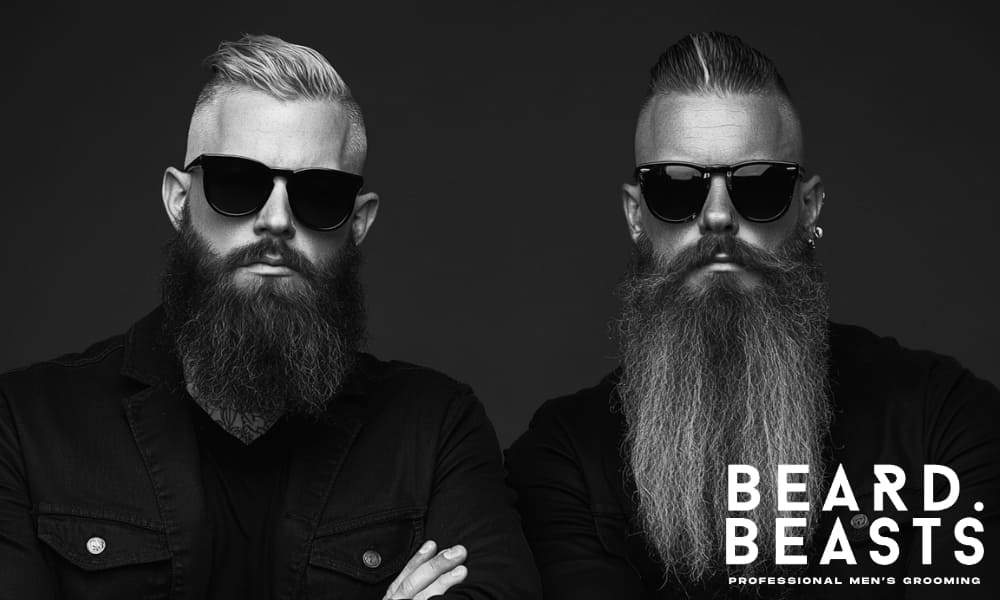 Two stylish men with bold beards and sunglasses—highlighting confidence, individuality, and the unspoken etiquette of beard respect.