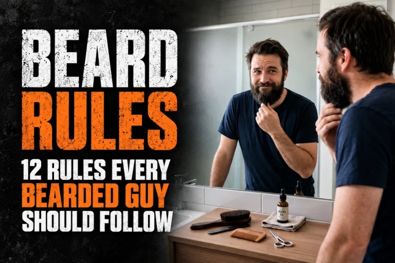 Beard rules featured image showing a bearded man checking his beard in the mirror