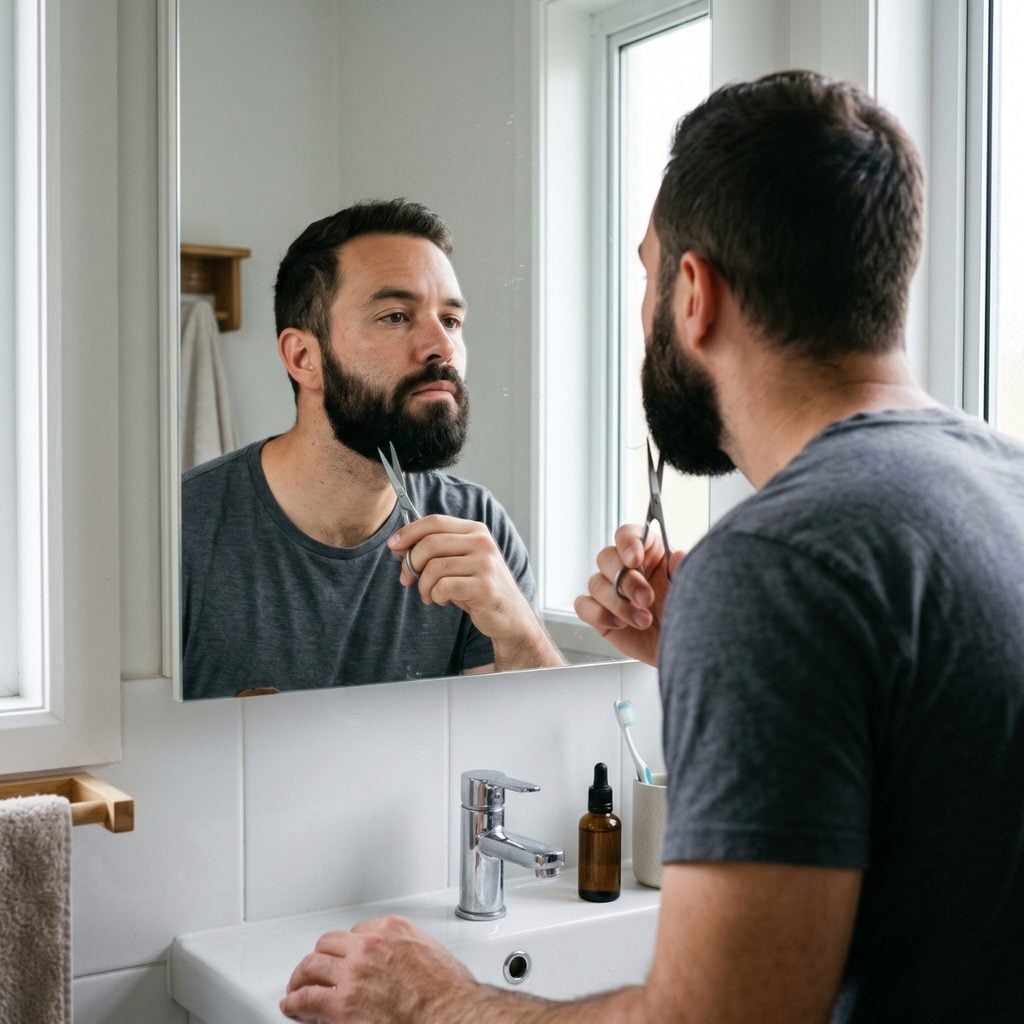 Man checking a stray beard hair in the mirror before trimming it