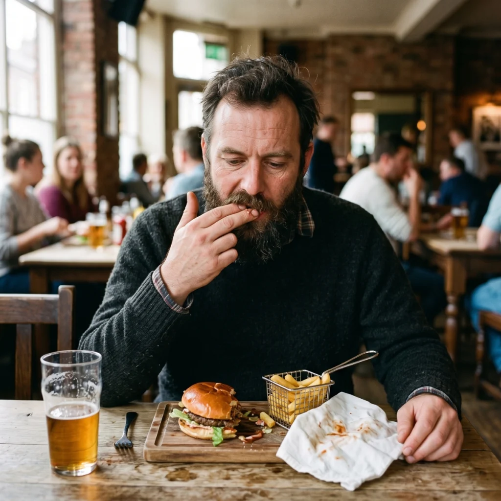Bearded man checking his mustache for food while eating a burger